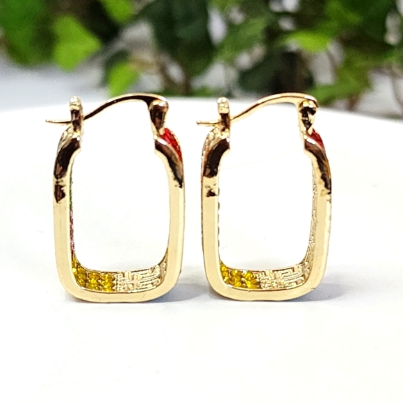 Gold with Multi Color Pave Crystal Rectangle Hoop Earrings - Picture 3 of 6